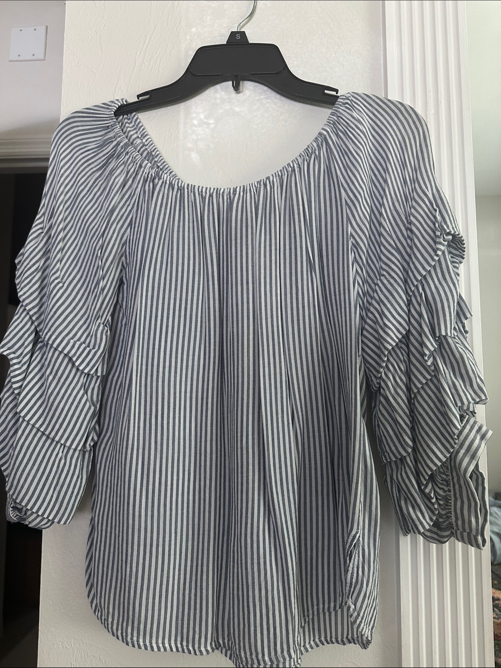 Velvet Heart Navy and White Striped Ruffle-Sleeve Blouse